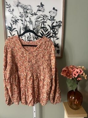 Sonoma Pink Peach Mauve Floral Print Smocked Boho Peasant Babydoll Blouse Top 3X